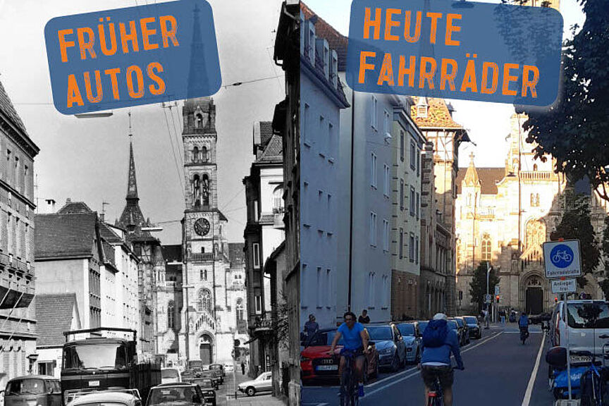 Jubiläums-Radrundbrief 2023 Früher Autos - Heute Fahrräder (Möhringer Straße bei der Matthäuskirche)